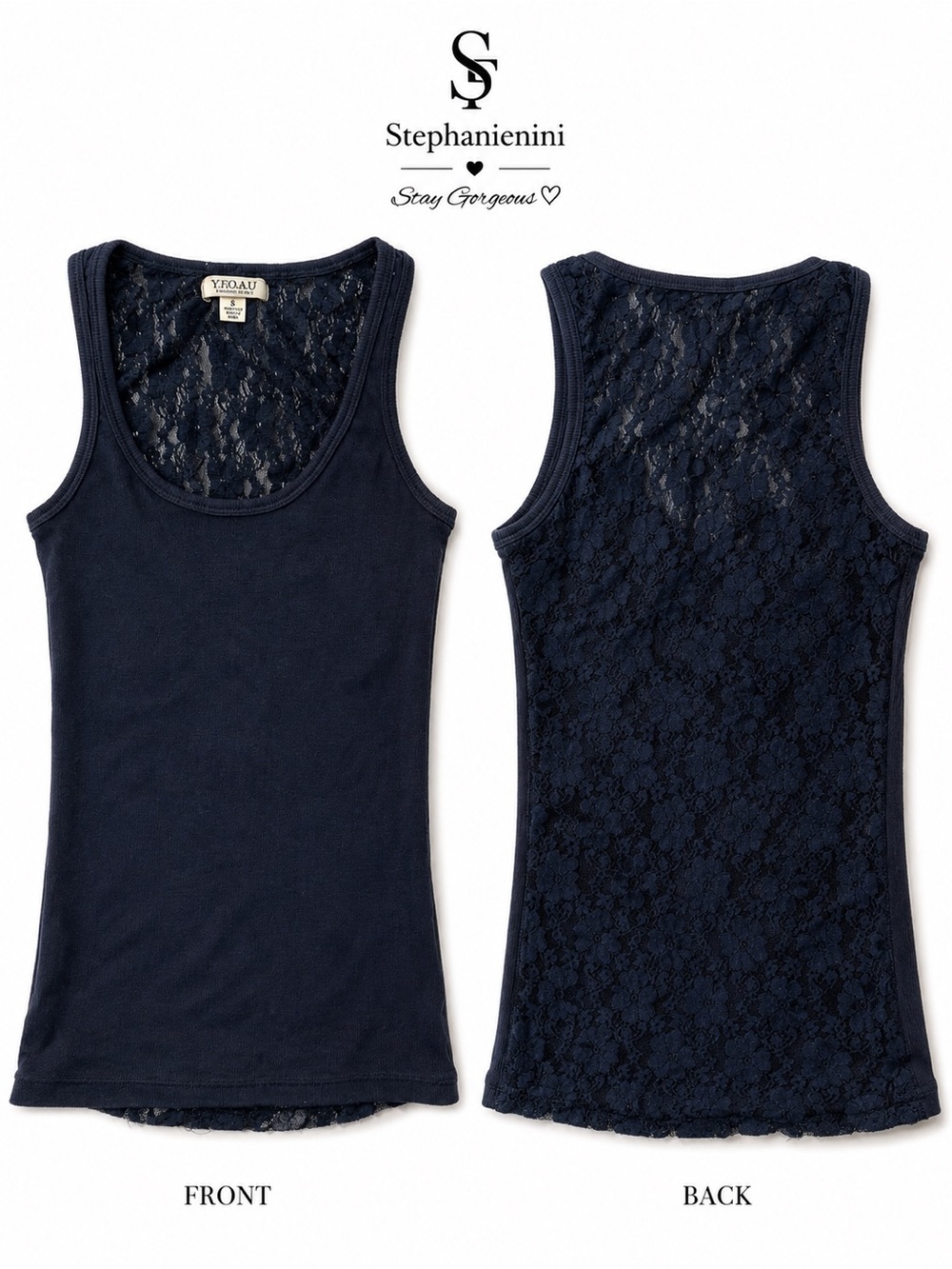 WHO.A.U Navy Blue Floral Lace Back Fitted Tank Top